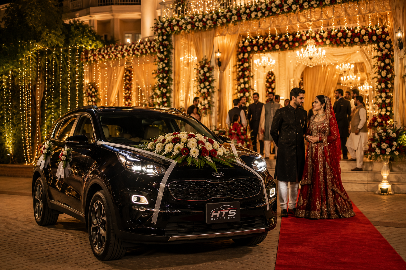 Luxury Kia Sportage wedding car rental in Karachi with elegant floral decoration by HTS Rent A Car