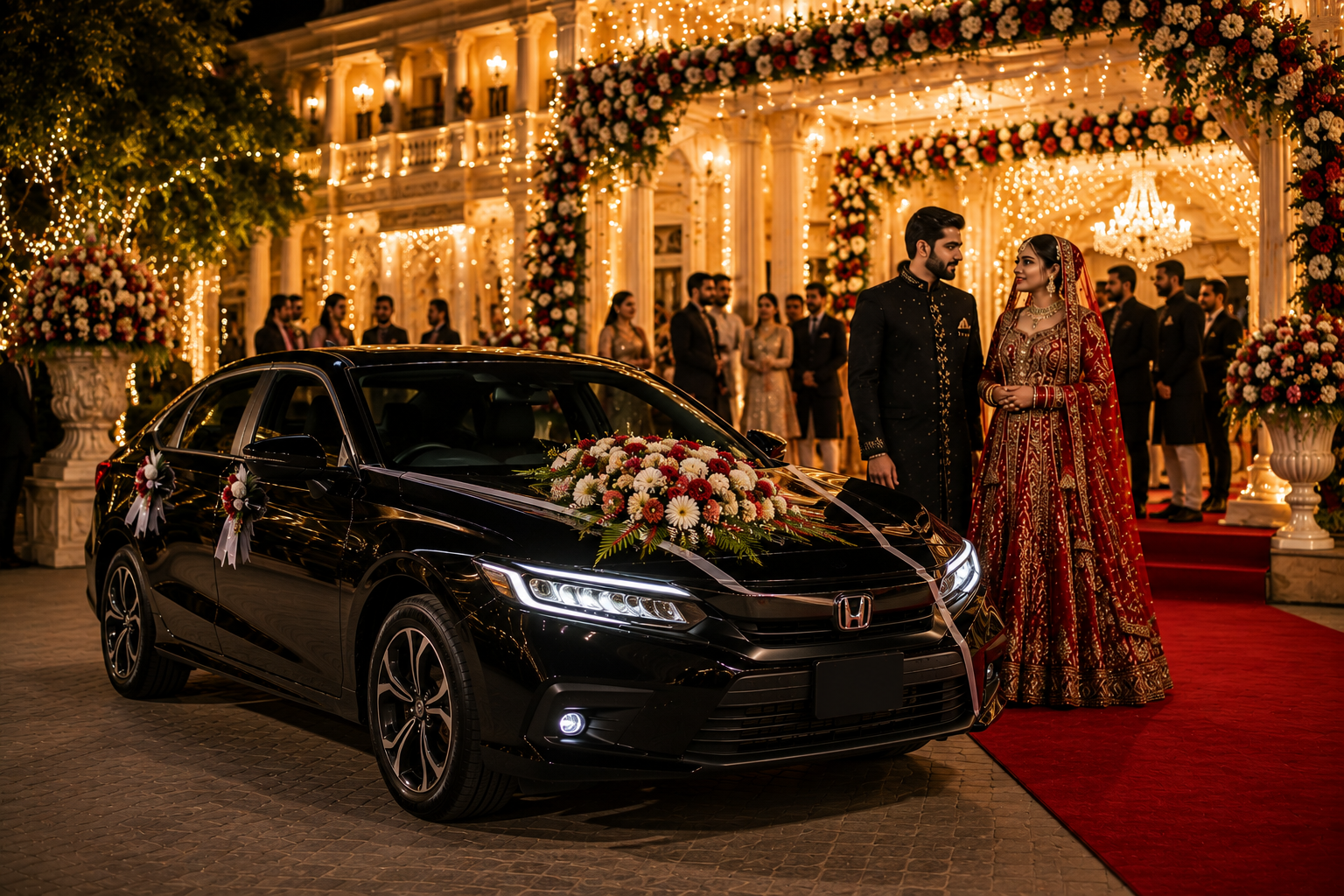 Luxury Honda Civic wedding car rental in Karachi with elegant floral decoration by HTS Rent A Car