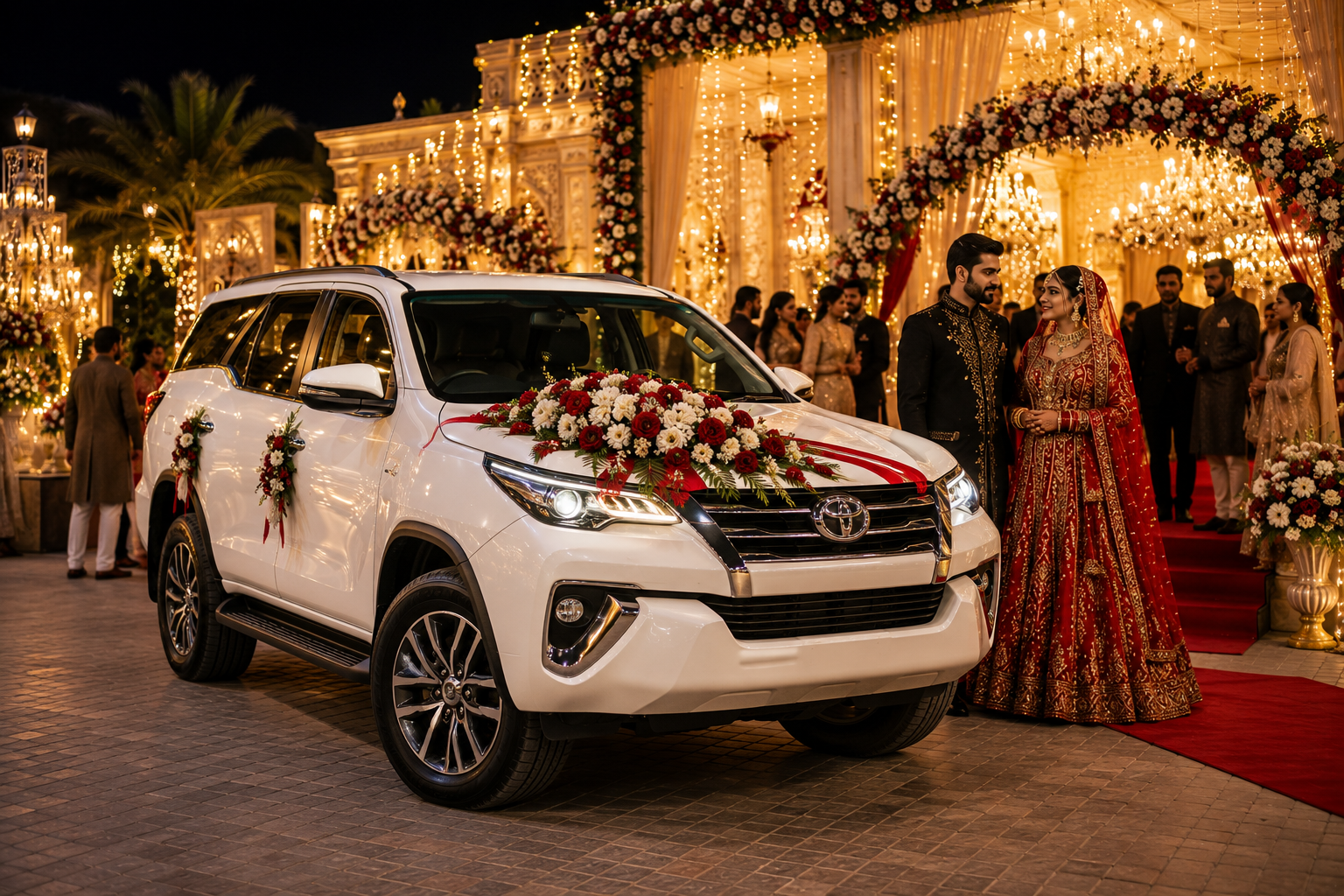 Luxury Toyota Fortuner wedding car rental in Karachi with elegant floral decoration by HTS Rent A Car