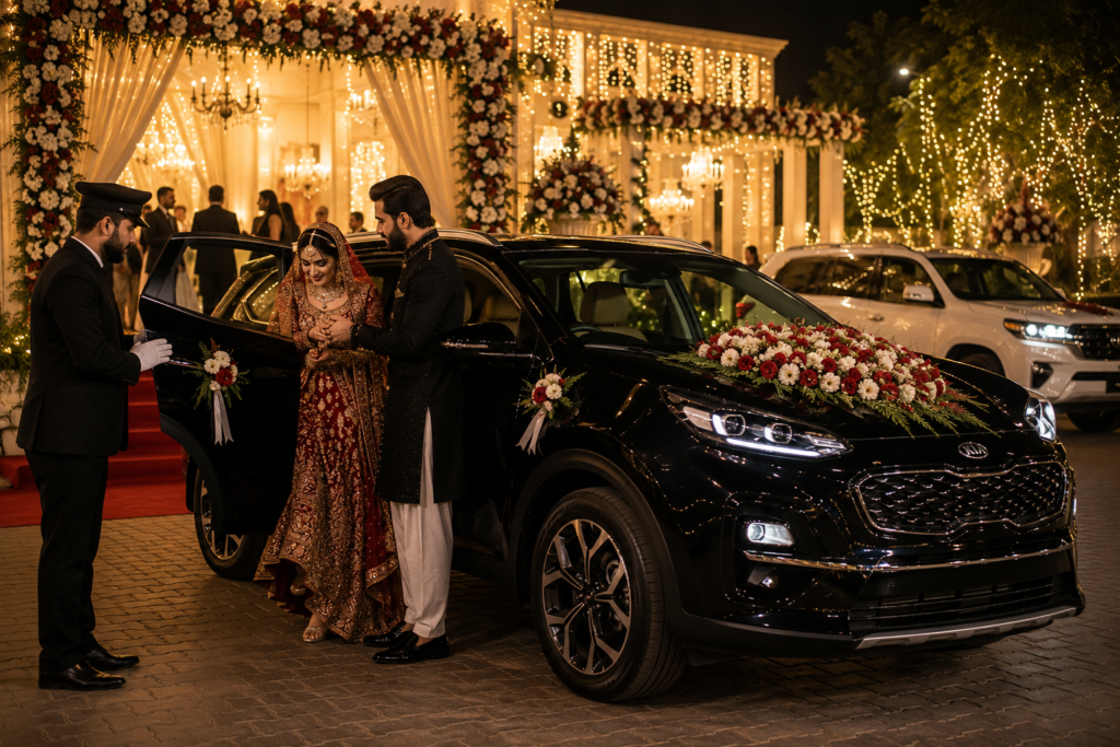 Luxury wedding car rental in Karachi with decorated Kia Sportage, bride and groom by HTS Rent A Car